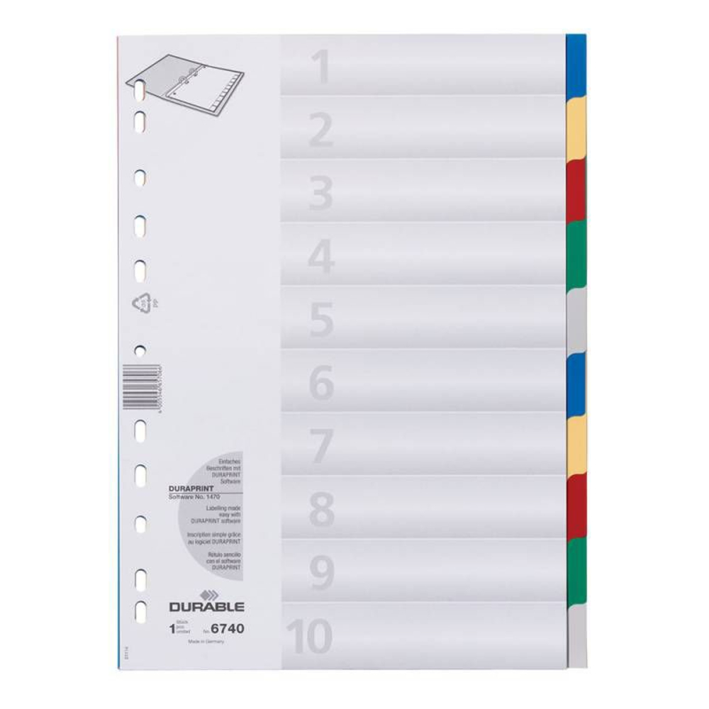 Разделитель на 10 делений А4 "Durable" пласт., б/маркир., ассорти