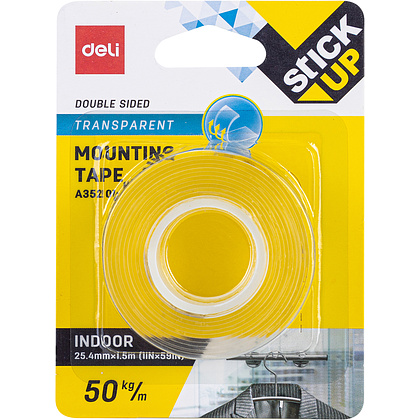 Клейкая лента двусторонняя 25,4 мм*1,5 м "Deli" монтажная, прозрачная