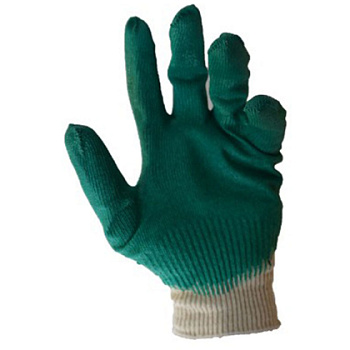Перчатки трикотажные х/б, одинарный латексный облив, 13 кл. вязки, белый, зеленый