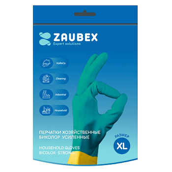 Перчатки латексные хозяйственные Zaubex БИКОЛОР усиленные р-р зеленый/желтый