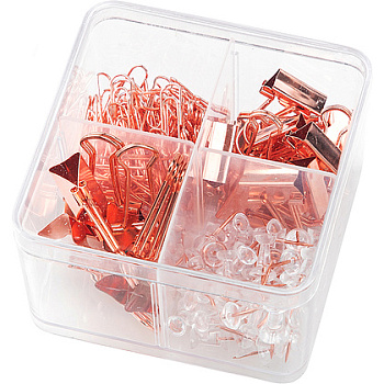 Набор канцелярский "Deli" зажимы+скрепки+кнопки, квадр. упак., розовое золото