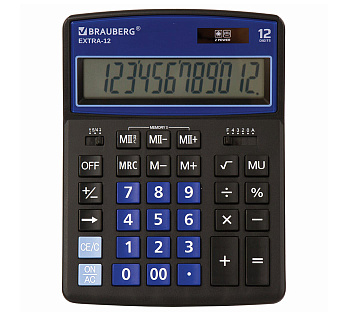 Калькулятор настольный BRAUBERG EXTRA-12-BK (206x155 мм), 12 разрядов, двойное питание, чёрно-синий