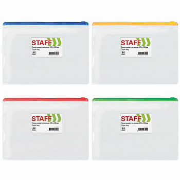 Папка конверт на молнии А4 "STAFF" карман для визиток, прозрачная, 0,12 мм